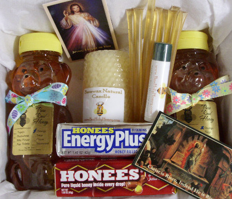 Easter Gift Pack #3: 2 Honey Bears+1 Lip Balm+1 Beeswax Candle+10 HoneyStix+2Pks Italian Honey Candy